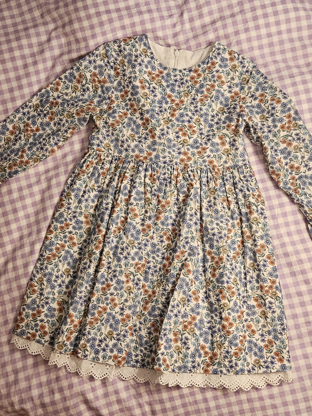 Girls Long-Sleeve Floral Cotton Dress in Blue and Orange